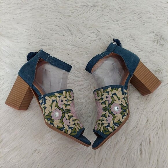 Dolce Mojo Moxy Denim Floral Boho Embroidered Heeled Sandals Shoes Open Toe 10M - Picture 5 of 10
